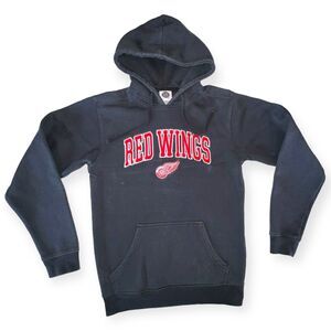 NHL Detroit Red Wings Mens Hoodie 90s Dark Grey Hockey Embroidered Spell Out